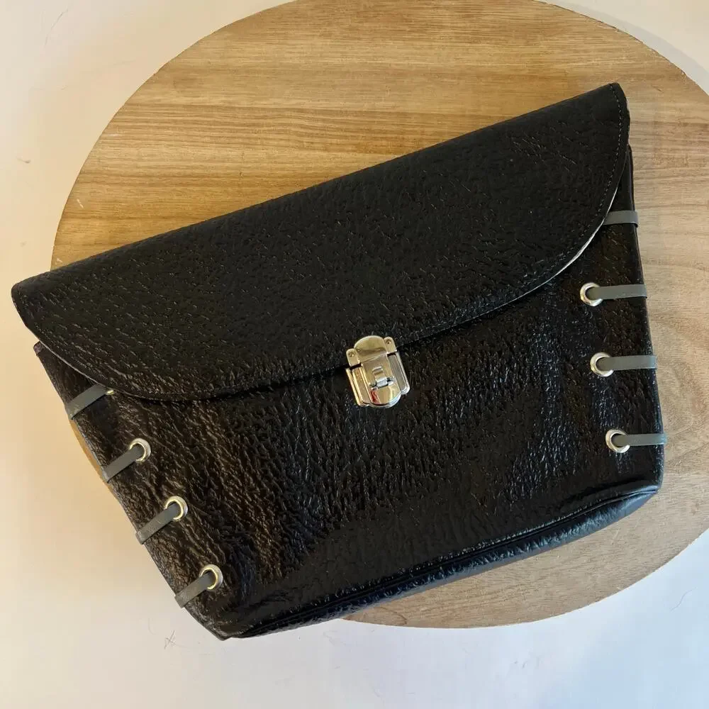 Vintage 90s Black Genuine Leather Weaved Silver Lock Large Clutch Bag